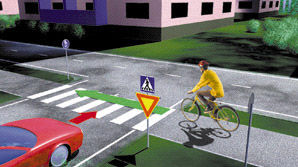 1. Kärkikolmion tai stop-merkin takaa tuleva väistää sekä oikealta että vasemmalta tulevia. Stop-merkin eteen on lisäksi pysähdyttävä. Tässä risteystilanteessa autoilijan pitää siis väistää pyöräilijää, koska autoilija tulee kolmion takaa. Myös pyöräilijä on väistämisvelvollinen mikäli pyöräilijä tulee kärkikolmion tai stop-merkin takaa. Huom! Vaikka joissain risteyksissä väistämisvelvollisuutta osoittava liikennemerkki on vasta suojatien jälkeen, ei sillä ole vaikutusta väistämisvelvollisuuteen. Väistämisvelvollisuutta osoittava liikennemerkki määrää väistämään risteävän tien liikennettä ja pyörätie luetaan osaksi risteävää tietä.