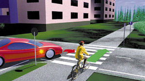 2. Kääntyvän auton on aina väistettävä risteävää tietä ylittävää pyöräilijää. Risteävä tie on se, jolle käännytään. Kenenkään eteen ei siis saa kääntyä. Tässä risteystilanteessa autoilijan on väistettävä pyöräilijää, koska autoilija kääntyy oikealle.